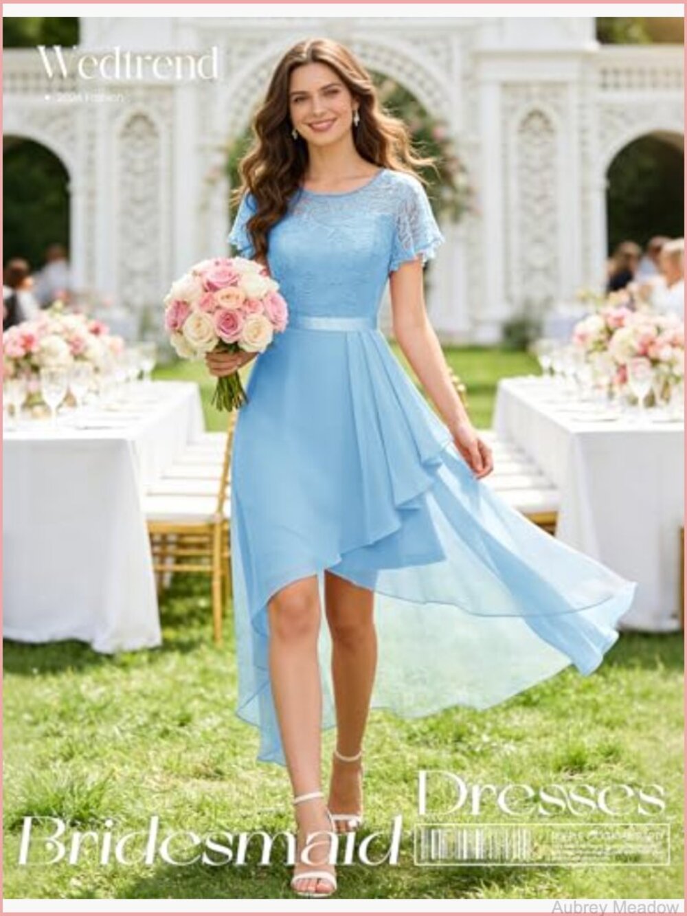 Flutter Sleeve High Low Lace Dress Sheer Neckline Prom Bridesmaid - Picture 2 of 7